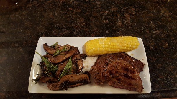 Dinner – Steak, Corn on the Cob, and Mushrooms